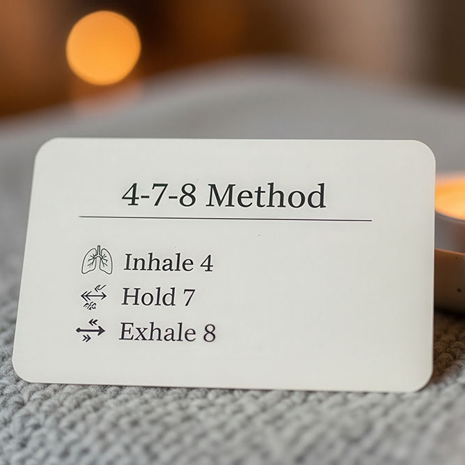 kaartje met 4-7-8 methode en kaars op achtergrond