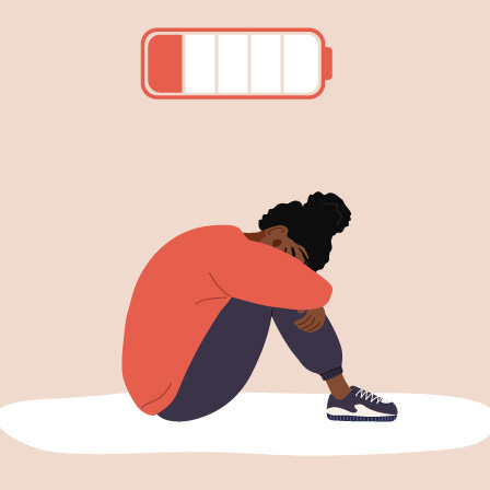 Illustratie van persoon met burn-out en lege batterij icoon