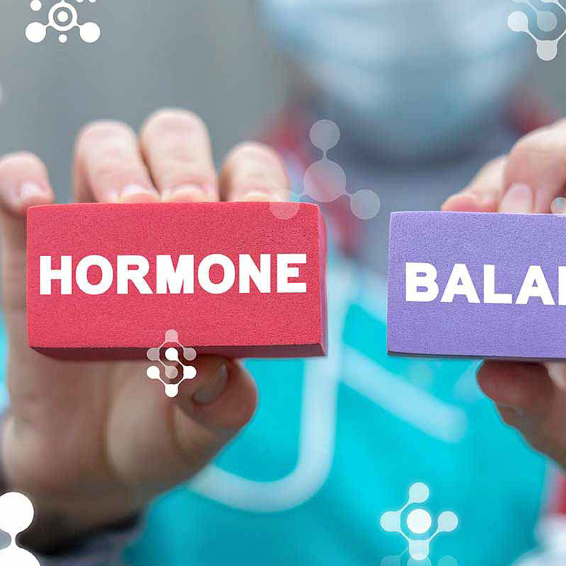 een roze blokje met het woord hormonen in een hand en een paars blokje met het woord balans in de andere hand