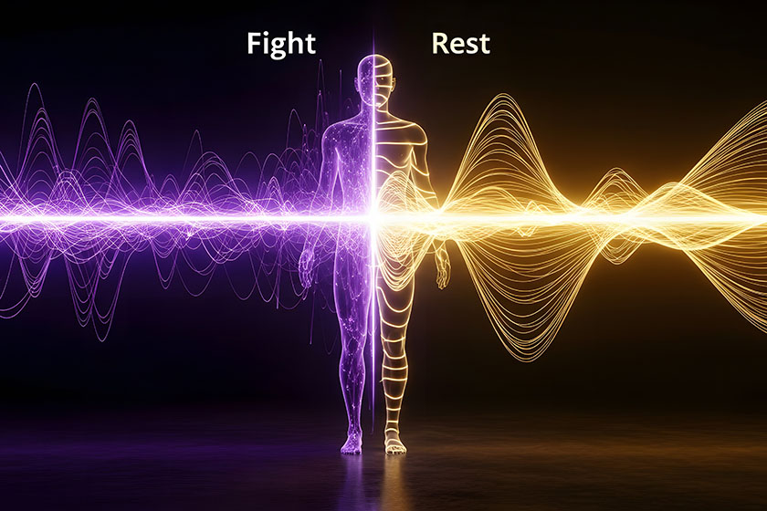 Autonomic nervous system diagram, Fight or Rest Concept with Human Silhouette and Energy Waves in