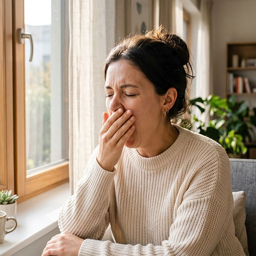 Vrouw gaapt met hand voor haar mond, naast een raam net koffiekop op vensterbank.