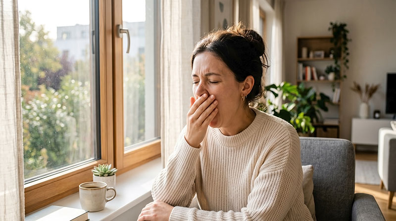 Vrouw gaapt met hand voor haar mond, naast een raam net koffiekop op vensterbank.
